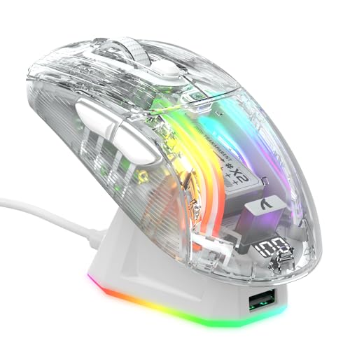 ATTACK SHARK X2 Pro Kabellose Gaming Maus mit Charging Station, Leise Maus Tri-Mode(BT5.0/2.4G Wireless/Typ-C), 4000 DPI RGB Bluetooth Maus Wiederaufladbare, Transparente Schale, für PC/MAC, Weiß von ATTACK SHARK