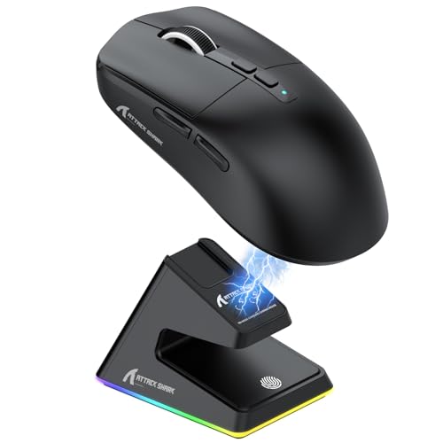 ATTACK SHARK X6 49g SUPERLIGHT Maus mit magnetischer Ladestation, PixArt PAW3395 Gaming-Sensor, BT/2,4G kabellose/kabelgebundene Gaming-Maus, 26000 DPI, X3 verbesserte Office-Mäuse für Win11 (Schwarz) von ATTACK SHARK