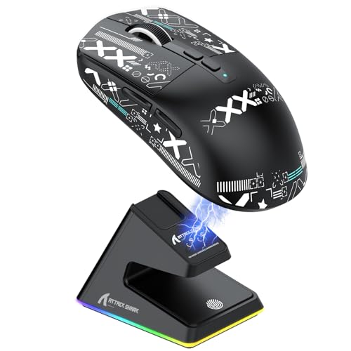 ATTACK SHARK X6 49g SUPERLIGHT Maus mit magnetischer Ladestation, PixArt PAW3395 Gaming-Sensor, BT/2,4G kabellose/kabelgebundene Gaming-Maus mit Band, 26000 DPI, X3 Upgrade-Mäuse für Win11 (Schwarziß) von ATTACK SHARK