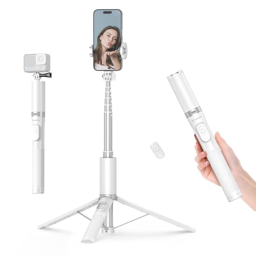 ATUMTEK 161 cm Selfie-Stick-Stativ mit Abnehmbarer Handyhalterung und Fernbedienung, kompatibel mit iPhone, Samsung und Android-Smartphones, Batteriebetrieben,Weiß von ATUMTEK