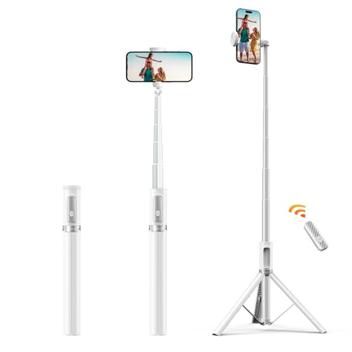 ATUMTEK Bluetooth 157CM Selfie-Stick Stativ Ausziehbares All-in-One-Telefonstativ aus Aluminium mit Kabelloser Fernbedienung 360° Drehbar für iPhone 14/13 Mini/12 Pro/XS Max/X Samsung Smartphones Weiß von ATUMTEK