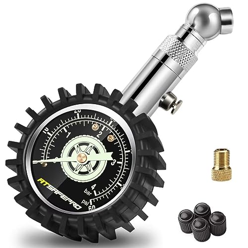 ATsafepro Reifendruckprüfer 4 bar 60 psi Zertifiziert ANSI B40.1 Genau mit großem 2" Glow Dial, Professioneller mechanischer Reifendruckmesser für Motorrad, Autos von ATsafepro