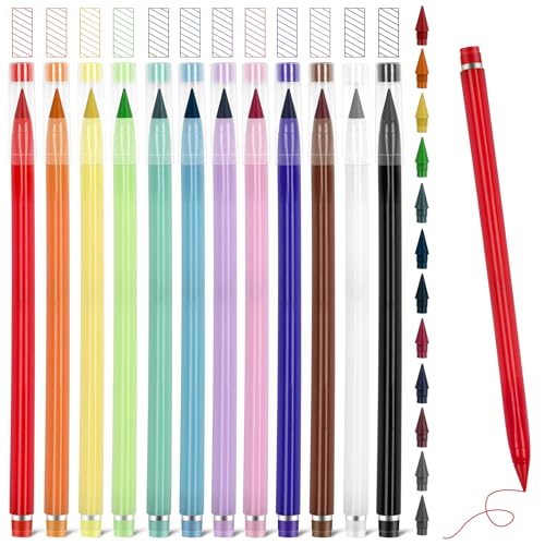 AUAUY 12 PCS Tintenloser Bleistift, Farbe Infinity Pencil, Wiederverwendbarer Everlasting Pencil mit 12 Austauschbarem Ewiger Bleistift Wechselkopf, Zeichnen, Studenten Home Office School Supplies von AUAUY