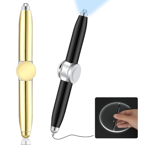 AUAUY 2 Stück Metall Spinning Pen Fidget Spinner Pen mit LED-Licht Schreibwerkzeug Praktischer Fidget Pen Beleuchtete Spitze Stift Kugelschreiber für Beleuchtung zum Schreiben im Dunkeln(Schwarz+Gold) von AUAUY