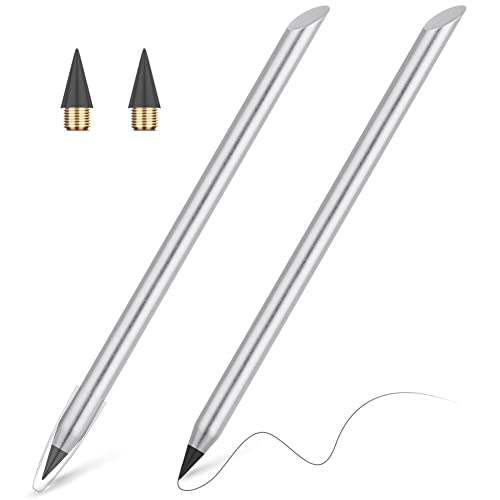 AUAUY 2 Stück Metall Tintenlose Bleistifte Ewig, Bleistift Ohne Anspitze mit 2 Austauschbarem Ewiger Bleistift Wechselkopf für ab 3 Jahren Kinder und Erwachsene Bleistifte (Silber) von AUAUY