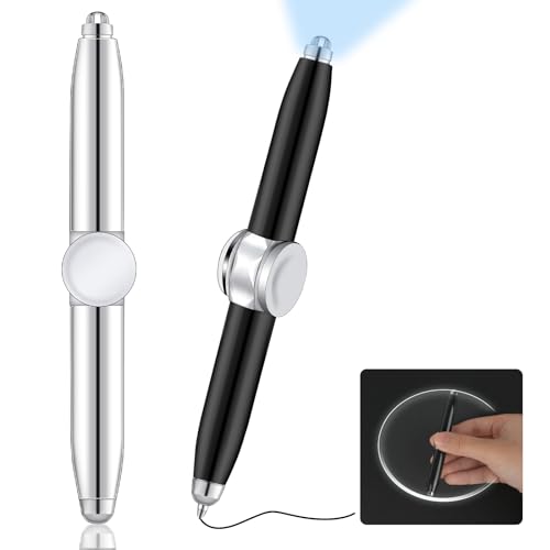 AUAUY 2PCS Metall Spinning Pen, Fidget Spinner Pen mit LED-Licht Schreibwerkzeug Praktischer Fidget Pen Beleuchtete Spitze Stift Kugelschreiber für Beleuchtung zum Schreiben im Dunkeln(Schwarz+Silber) von AUAUY