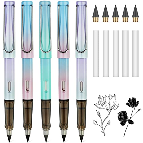 AUAUY 5 PCS Tintenlose Bleistifte Ewiger, Infinity Pencil mit 5 Austauschbarem Wechselkopf und 5 Radiergummi, Wiederverwendbar Tragbarer Immerwährender Bleistift für ab 3 Jahren Kinder und Erwachsene von AUAUY