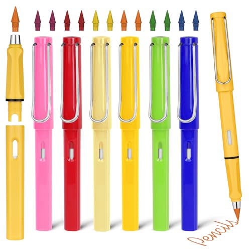 AUAUY 6 PCS Tintenloser Bleistift, Farbe Infinity Pencil, Wiederverwendbarer Everlasting Pencil mit 12 Austauschbarem Ewiger Bleistift Wechselkopf, Zeichnen, Studenten Home Office School Supplies von AUAUY