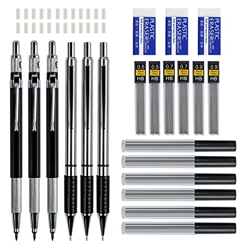 AUAUY 6 Stück Druckbleistifte Set, Automatische Metall Mechanische Stifte mit 12 Dosen Bleistiftminen und 3 Radiergummis, Büro Zubehör für Schule Schreiben, Zeichnen, Skizzieren (0,5+0,7+0,9+2mm) von AUAUY