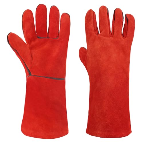 AUAUY Feuerfeste Kaminhandschuhe & Grillhandschuhe, Hitzeschutz Handschuh, Hitzebeständige Schweißerhandschuhe, Unisex Ofenhandschuhe Backhandschuhe für Grillen Kochen Backen Draussen-Rot von AUAUY