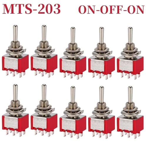 Marineschalter, 10 Stücke MTS-102 103 MTS-202 203 DPDT ON-OFF-ON Kippschalter ON-OFF SPDT 6mm Mini Power Button Switch mit wasserdichter Kappe(MTS203 Red) von AUBEST