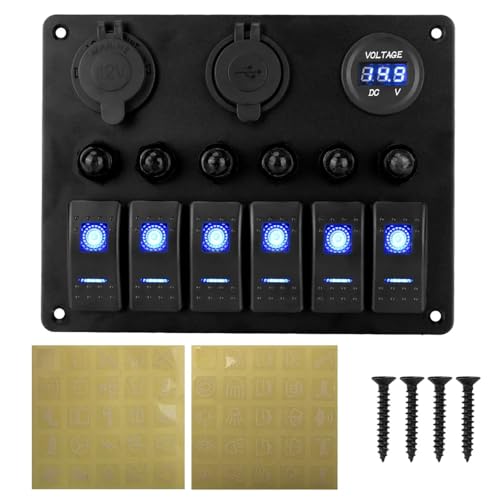 Marineschalter, 12V 24V 6 Tasten Auto Schalter Panel 15A Sicherung Marine Circuit Breaker Voltmeter Tester Licht Toggle USB Ladegeräte 3,0 Auto splitter(6 gang blue) von AUBEST