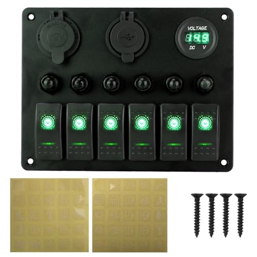 Marineschalter, 12V 24V 6 Tasten Auto Schalter Panel 15A Sicherung Marine Circuit Breaker Voltmeter Tester Licht Toggle USB Ladegeräte 3,0 Auto splitter(6 gang green) von AUBEST