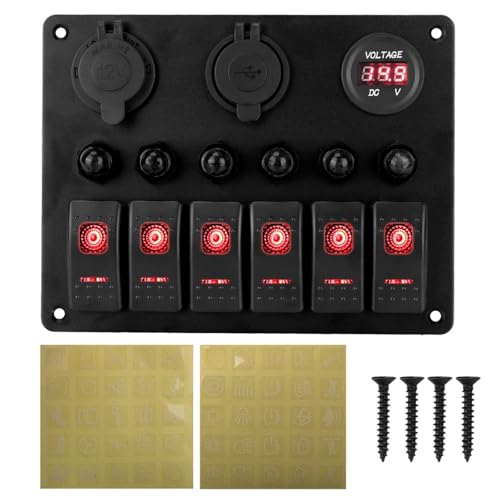 Marineschalter, 12V 24V 6 Tasten Auto Schalter Panel 15A Sicherung Marine Circuit Breaker Voltmeter Tester Licht Toggle USB Ladegeräte 3,0 Auto splitter(6 gang red) von AUBEST