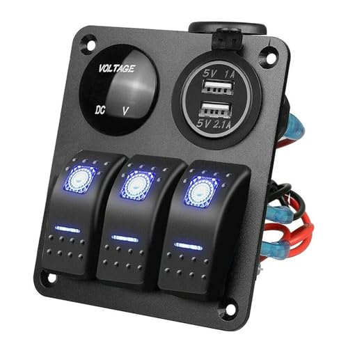 Marineschalter, 3-Gang-Schalterfeld, 5-poliger Ein-/Ausschalter, Doppel-USB-Autoladegerät, Voltmeter, Wippschalter, 12 V/24 V for Auto, Boot, LKW, Marine von AUBEST