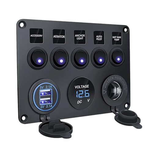 Marineschalter, 5 Gang 12V LED Lichtschalter Bedienfeld Voltmeter 2 USB Ladegerät Schaltung Steuerung LED Ein Aus for RV Lkw Boot ATV Caravan(Blue) von AUBEST