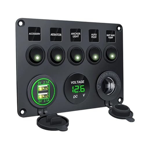 Marineschalter, 5 Gang 12V LED Lichtschalter Bedienfeld Voltmeter 2 USB Ladegerät Schaltung Steuerung LED Ein Aus for RV Lkw Boot ATV Caravan(Green) von AUBEST