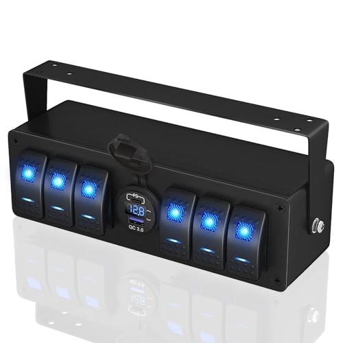 Marineschalter, 6-Gang-Wippschalterbox, wasserdicht, 12 V, SPST, EIN/Aus, LED-Lichtleiste, Schaltfeld mit zwei USB-Ausgängen, PD3.0- und QC3.0-Auto-USB-Anschluss von AUBEST