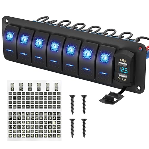 Marineschalter, 7 Gang Kippschalter Panel Marine Boot Kippschalter Panel Wasserdicht Mit USB Ladegerät Voltmeter 12V 24V DC for automotive UTV Marineschalter, 7 Gang Kippschalter Panel Marine Boot Kippschalter Panel Wasserdicht Mit USB Ladegerät Voltmeter 12V 24V DC for automotive UTV von AUBEST