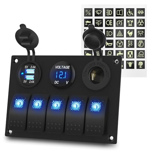 Marineschalter, Marine-Schalttafel, wasserdicht, 12 V, 5-Gang-Wippschalter, blau beleuchtet, mit zwei USB-Buchsen, Voltmeter und Zigarettenanzünder von AUBEST