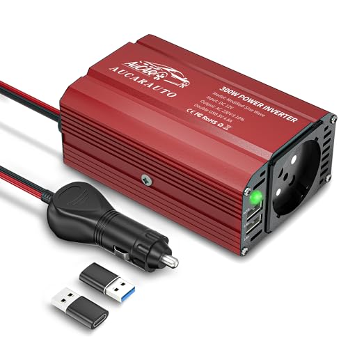 AUCARAUTO 300W Spannungswandler, Wechselrichter 12V auf 230V Stromumwandler mit 4.8A Duales USB kfz ladegerät und Auto Steckdose, Laden Sie Ihr Laptop, iPad, iPhone, Tablet Und Mehr - Rot von AUCARAUTO