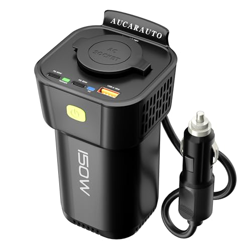 AUCARAUTO 150W Spannungswandler, DC 12V zu 230V AC 5-in-1 Wechselrichter Getränkehalter Konverter mit 10A Zigarettenanzünder Steckdose, 2 USB-C 30W & 1 USB-A 18W Ladeanschlüsse - Schwarz von AUCARAUTO