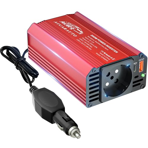 AUCARAUTO Upgrade 300W Spannungswandler, Wechselrichter 12V auf 230V Stromumwandler mit PD 65W & QC3.0 18W USB kfz ladegerät und Auto Steckdose, Laden Sie Ihr Laptop, iPad, iPhone Und Mehr - Rot von AUCARAUTO