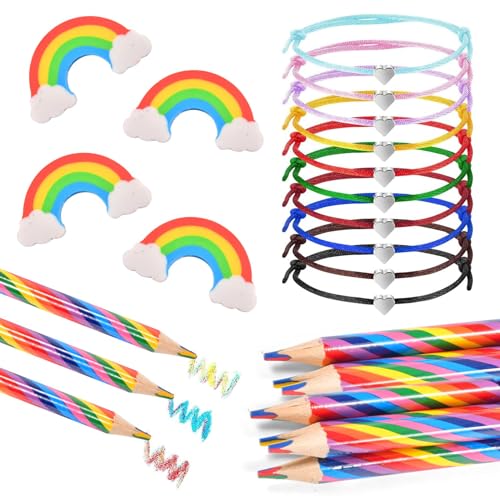 30 Radiergummis, Serie Rainbow, 10 Regenbogen-Radierer, 10 Regenbogenfarbstifte, 10 Armbänder aus verstellbarem Herzseil, für Schulen, Skizzieren, Büro, Kinder, Jungen und Mädchen von AUEJACKY