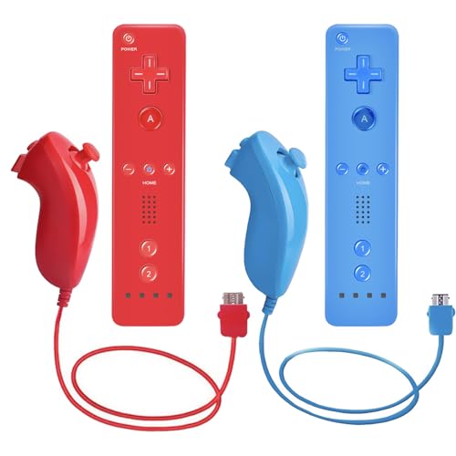 AUFGLO Retro Games Console Wii Fernbediener und Nunchuck -Controller, die mit Wii/Wii U, einschließlich Silikongehäuse und Handgelenksgurt, kompatibel sind(Rot + Hellblau) von AUFGLO