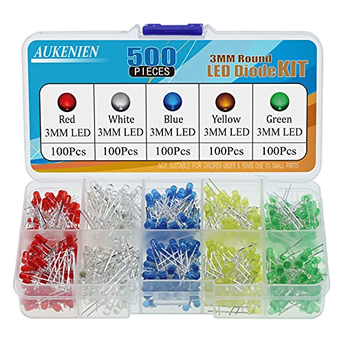 AUKENIEN 500 Stück 3MM LED Dioden Leuchtdiode sortiment Kit Rundkopf 2 Pin LED Licht Diffus Dioden Set 5 Farben Rot Blau Gelb Grün Weiß (100pcs Jede Farbe) von AUKENIEN