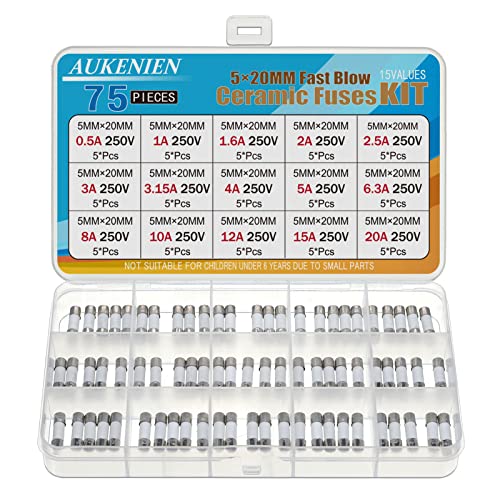 AUKENIEN 5x20MM Flinke Keramik Sicherungen 15 Wert 0,5A 1A 1,6A 2A 2,5A 3A 3,15A 4A 5A 6,3A 8A 10A 12A 15A 20A 250V Keramiksicherungen Sortiment Kit von AUKENIEN