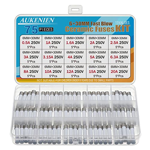 AUKENIEN 6x30MM Flinke Keramik Sicherungen 15 Wert 0,5A 1A 1,6A 2A 2,5A 3A 3,15A 4A 5A 6,3A 8A 10A 12A 15A 20A 250V Keramiksicherungen Sortiment Kit von AUKENIEN
