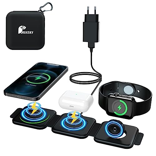 Mag-Safe 3-in-1 kabelloses Ladegerät, Faltbare magnetische Ladestation, schnelles kabelloses Ladepad für Reisen, kompatibel mit Mag-Safe für iPhone 14/13/12 Serie, iWatch, Airpods (mit Adapter) von AUKSKY