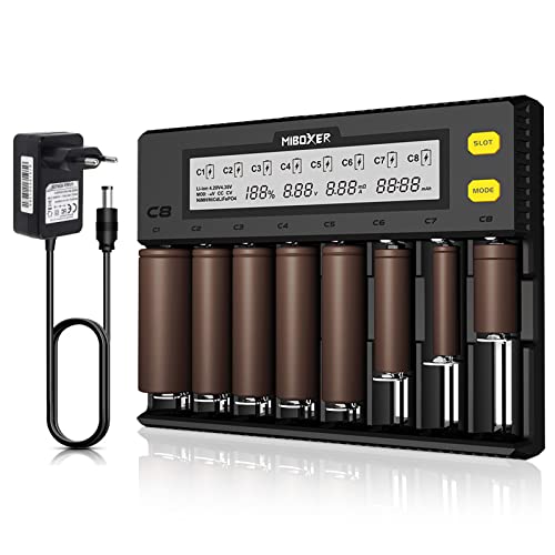 Universal akku Ladegerät, AUKSKY 18650 Baterieaufladegerät mit LCD-Display für Akkus NI-MH, NI-Cd, AA, AAA, 14500, 18350, 21700, 26650, Li-Ion LiFePO4, RCR123A (8 Steckplätze) 8 Port von AUKSKY