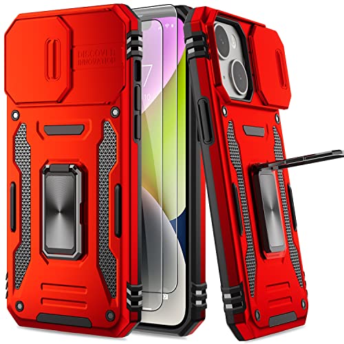AUPAI Schutzhülle für iPhone 14, mit Schiebe-Kamera-Abdeckung und Displayschutzfolie, robuste Schutzhülle in Militärqualität, mit Ständer, für Apple iPhone 14, Rot von AUPAI
