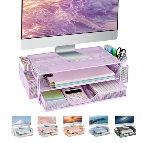 AUPSEN Computer-Monitor-Ständer, 2-stöckig, Schreibtisch-Organizer und Zubehör, Büro-Schreibtisch-Zubehör-Organizer mit Schubladen und 2 Stifthaltern für Bürobedarf (lila) von AUPSEN