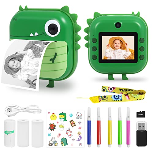 AURTEC Sofortbildkamera für Kinder, Mini-Thermodruckkamera, 48 MP Dual-Kamera, 1080P HD-Video, 32G TF-Karte, 3 Druckpapier, 6,1 cm Farbbildschirm, niedliches Tier-Cartoon-Design, Dinosaurier von AURTEC