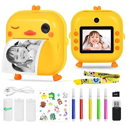 AURTEC Sofortbildkamera für Kinder, Mini-Thermodruckkamera, Keine Tinte erforderlich, 48 MP Dual-Kamera, 1080P HD-Video, 32G TF-Karte, 3 Druckpapier, 6,1 cm Farbbildschirm, Cartoon-Design, Ente von AURTEC