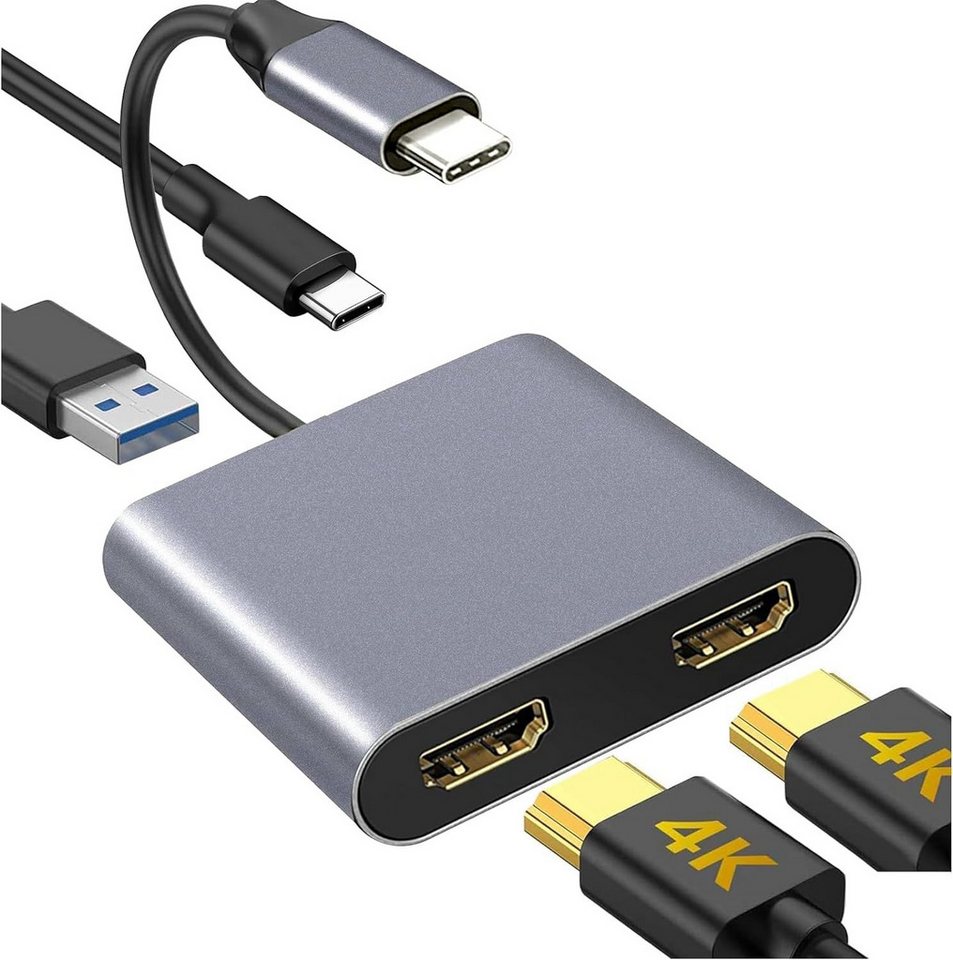 AURUM USB C 4in1 auf 2X HDMI 4K 1x USB 3.0 1x Typ C PD Charge 100W Adapter HDMI-Adapter, 18 cm von AURUM