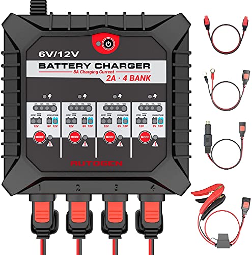 AUTOGEN 4-Bank-Batterieladegerät, 8 Ampere (2 Ampere pro Bank), vollautomatisches Smart-Ladegerät, 6-V- und 12-V-Batterieladegerät, für Auto, Motorrad, Rasenmäher oder Boot. von AUTOGEN