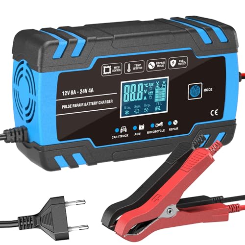 AUTOWHD Bleibatterieladegerät für 12V und 24V Vollautomatisches Batterieladegerät Reparaturladegerät 1,5A/4A/8A Ladestrom 3-150Ah LCD-Anzeige Geeignet für Autos, Motorräder, LKWs usw AUTOWHD Bleibatterieladegerät für 12V und 24V Vollautomatisches Batterieladegerät Reparaturladegerät 1,5A/4A/8A Ladestrom 3-150Ah LCD-Anzeige Geeignet für Autos, Motorräder, LKWs usw von AUTOWHD
