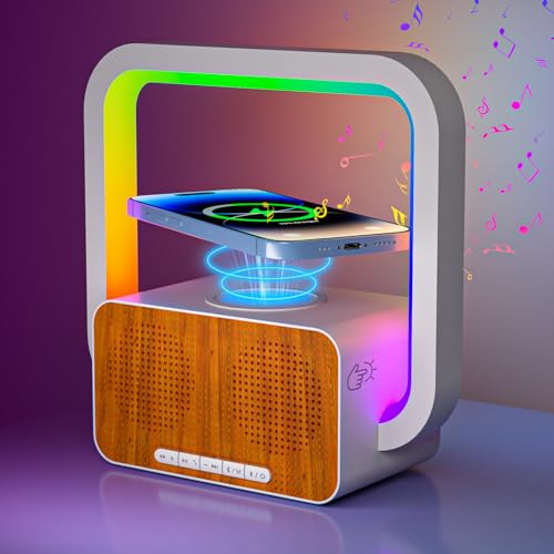AUYLE Bluetooth Lautsprecher mit Nachtlicht und Wireless Charger, Touch Dimmbar Nachttischlampe mit Gibt 5 RGB Lichtmodi, Musikbox und Induktive Ladestation, Männer, Frauen (Silbrig) von AUYLE