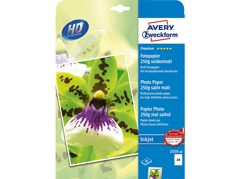 AVERY ZWECKFORM 2559-20 Premium (seidenmatt, 250 g/m²) Inkjet Fotopapier 210 x 297 mm A4 20 Blatt von AVERY ZWECKFORM