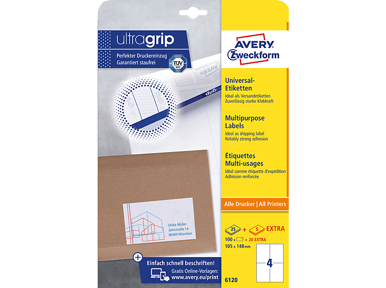 AVERY ZWECKFORM 6120 Universaletiketten 105 x 148 mm A4 120 Etiketten / 30 Bogen AVERY ZWECKFORM 6120 Universaletiketten 105 x 148 mm A4 120 Etiketten / 30 Bogen von AVERY ZWECKFORM