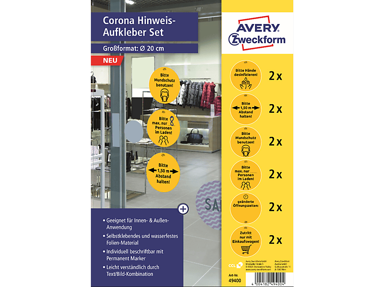 AVERY ZWECKFORM Corona Hinweis-Aufkleber Set Handel 1 Pack mit 12 Aufklebern von AVERY ZWECKFORM