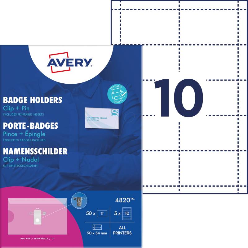 AVZ 4820 - Namensschild, 54x90 mm, Clip+Pin, mit Einsteckschilder, 50 Stück von AVERY ZWECKFORM
