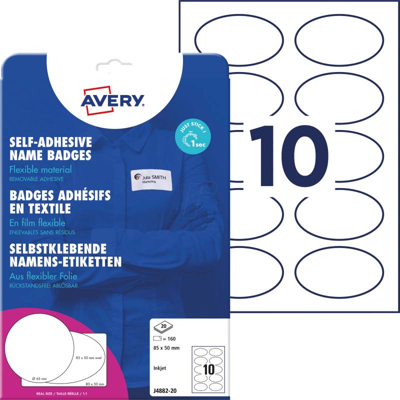 AVZ J4882-20 - Namens-Etiketten, Folie, oval, 85 x 50 mm, 200 Stück, weiß von AVERY ZWECKFORM