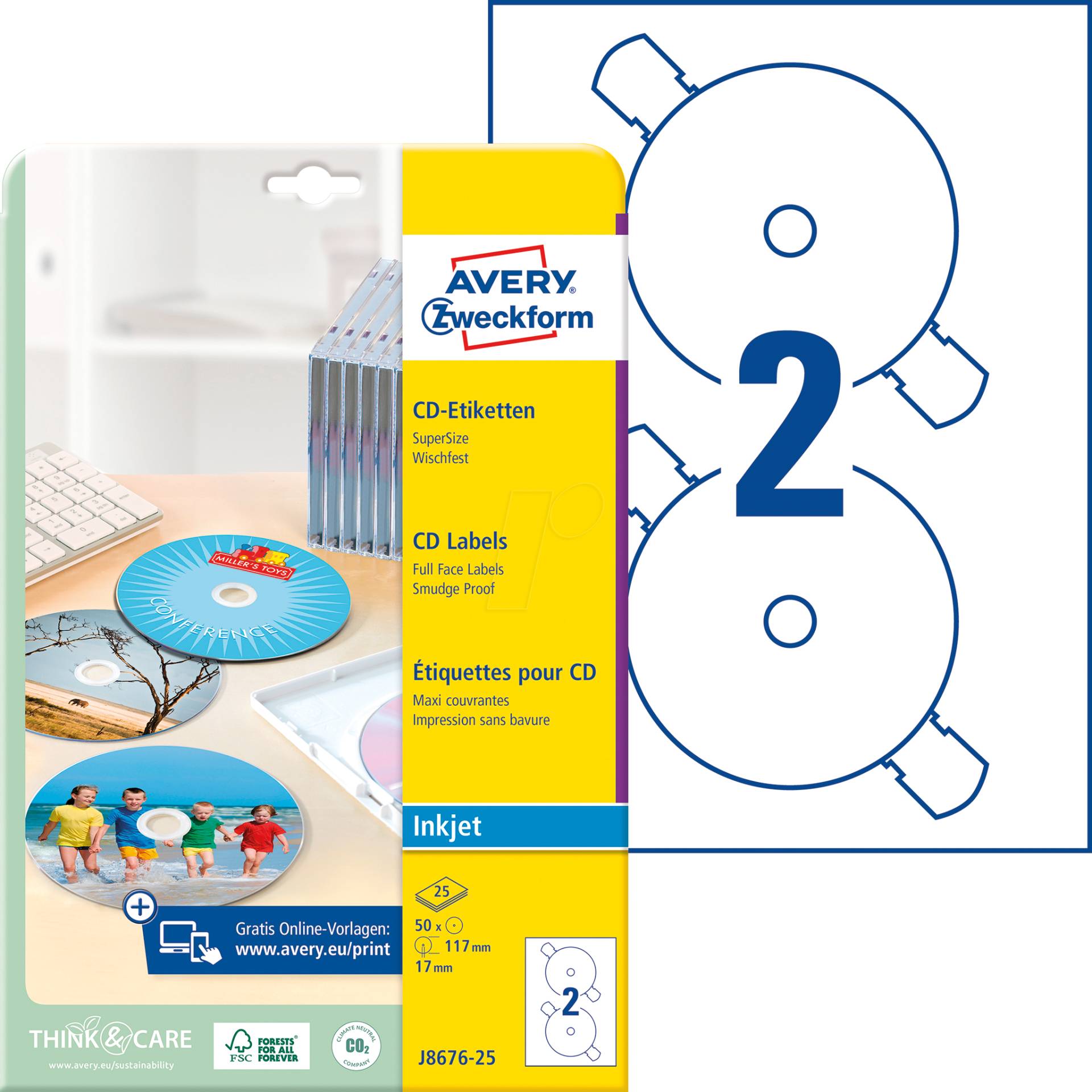 AVZ J8676-25 - CD-Etiketten, SuperSize, Inkjet, 50 Stück, weiß von AVERY ZWECKFORM