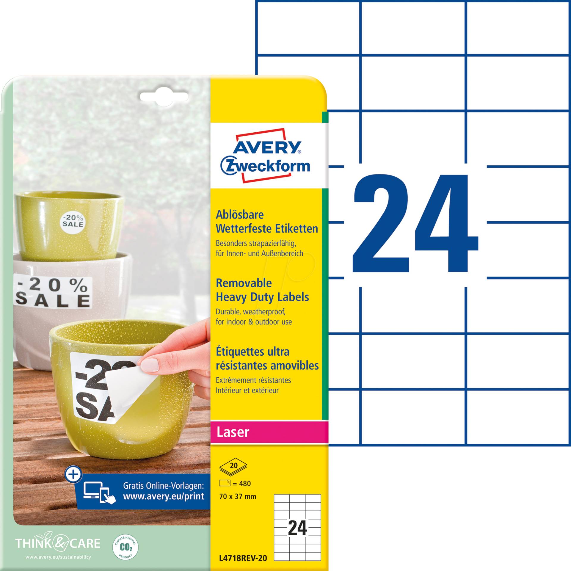 AVZ L4718REV-20 - Folien-Etiketten, wasserfest, eckig, 70 x 37 mm, 480 Stück, weiß AVZ L4718REV-20 - Folien-Etiketten, wasserfest, eckig, 70 x 37 mm, 480 Stück, weiß von AVERY ZWECKFORM