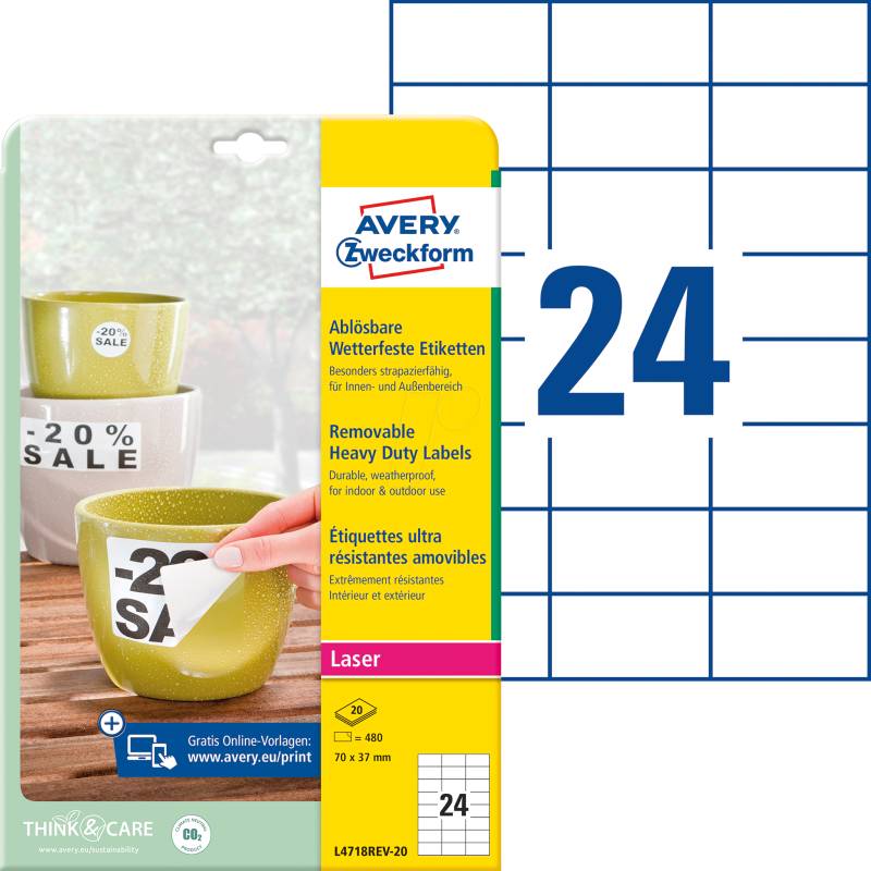 AVZ L4718REV-20 - Folien-Etiketten, wasserfest, eckig, 70 x 37 mm, 480 Stück, weiß von AVERY ZWECKFORM